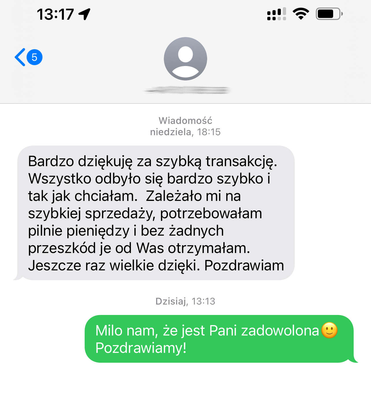 Opinia Klienta zadowolonego z szybkiej transakcji.