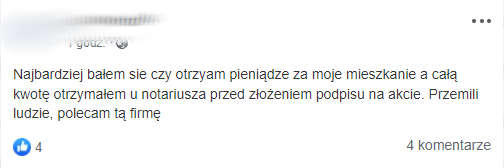 Opinia Klienta polecającego nasz skup nieruchomości.